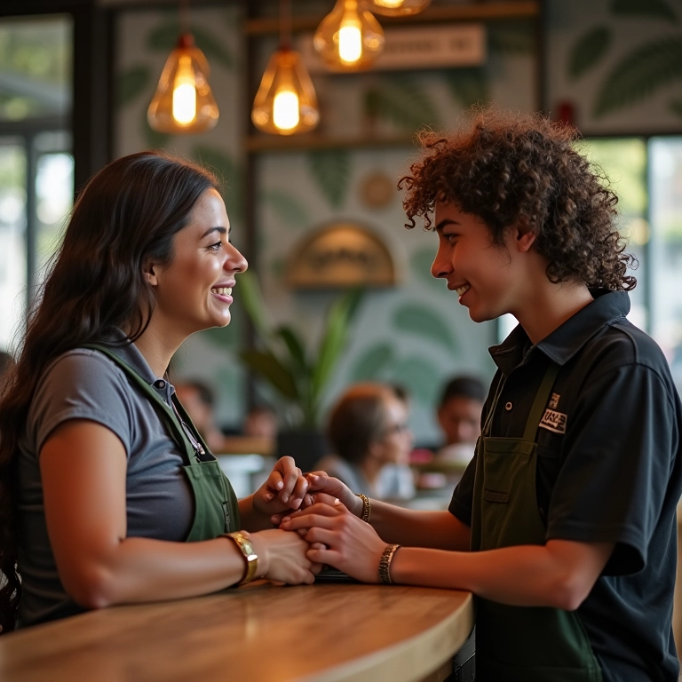 Clientes fiéis interagem positivamente com representante da marca em café de São Paulo, cultivando fidelização.