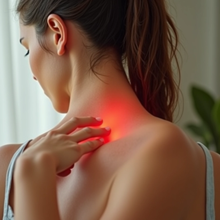 Close-up de uma mulher aliviando dores e tensões musculares no pescoço e ombros com auto massagem.