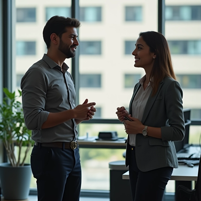 Colegas em escritório em São Paulo dando feedback um ao outro, em ambiente amigável e transparente.