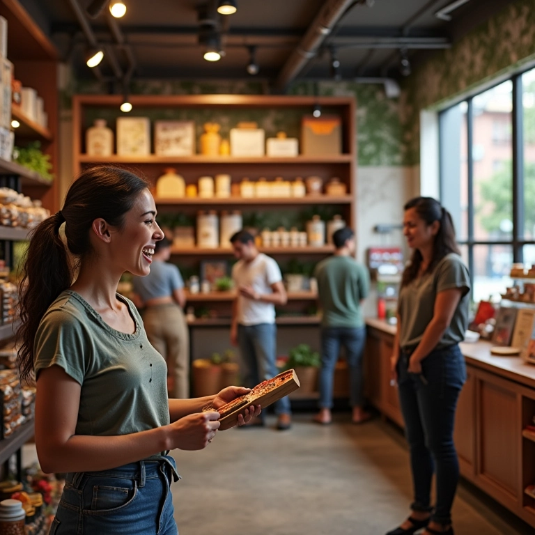 Comerciante brasileira celebrando aumento nas vendas com tráfego pago.