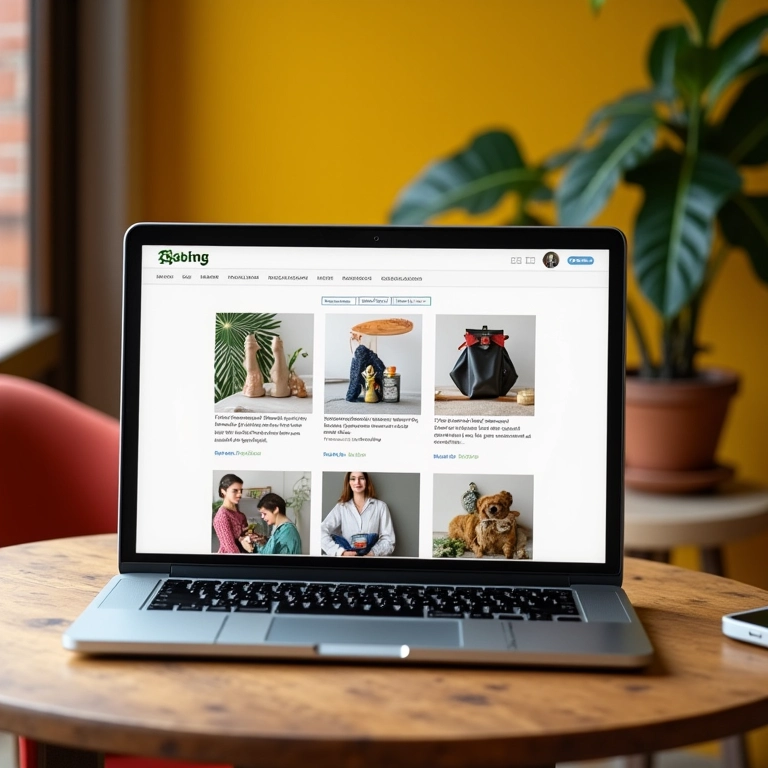 Conteúdo de alta qualidade em website de e-commerce exibido em laptop.