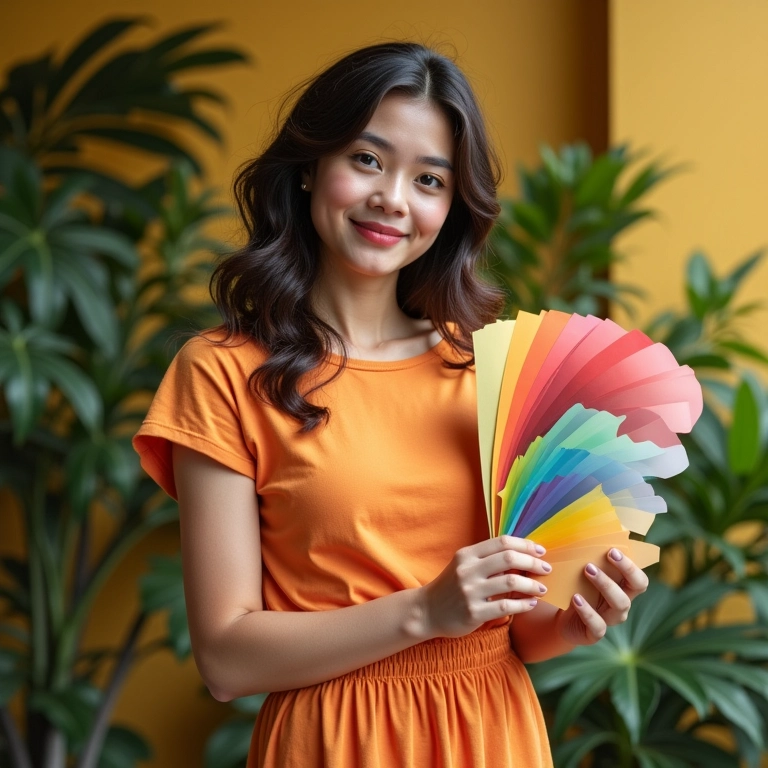 Designer brasileira selecionando amostras de cores primárias, secundárias e terciárias.