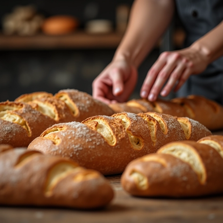 Detalhe dos pães artesanais da Fabrique Pães com as mãos do padeiro.