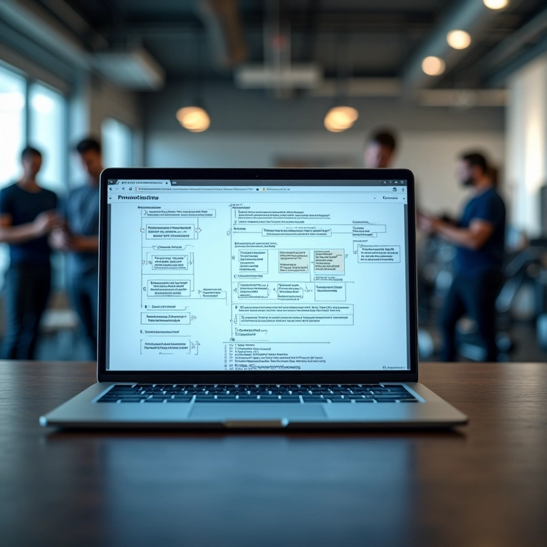 Diagrama de automação de e-mail marketing em tela de laptop com academia ao fundo.