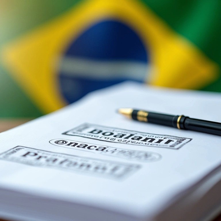 Documentos empilhados com selos de 'Patente' e 'Marca' com a bandeira brasileira ao fundo.