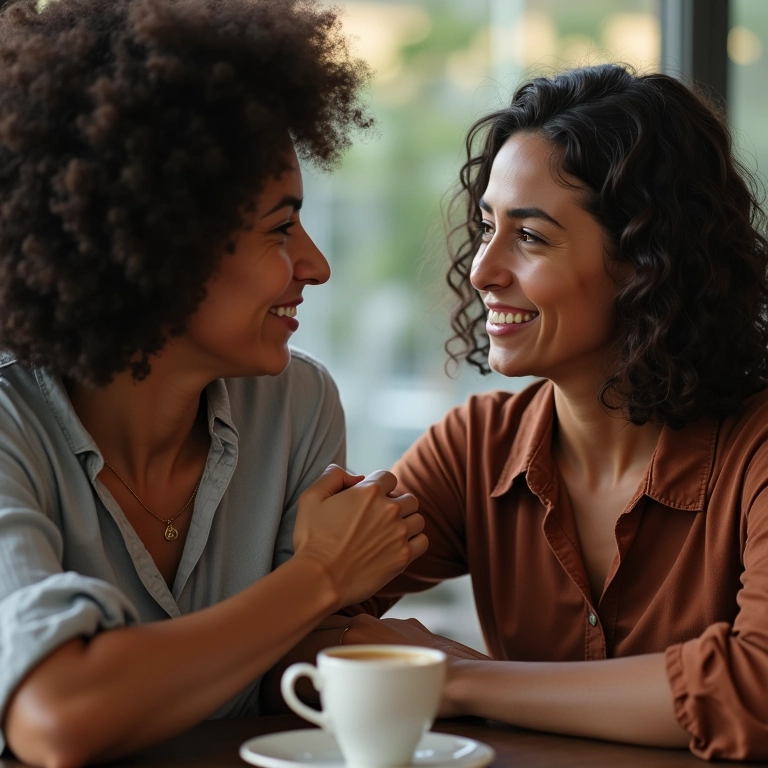 Duas amigas conversando e sorrindo em um café, fortalecendo o relacionamento.