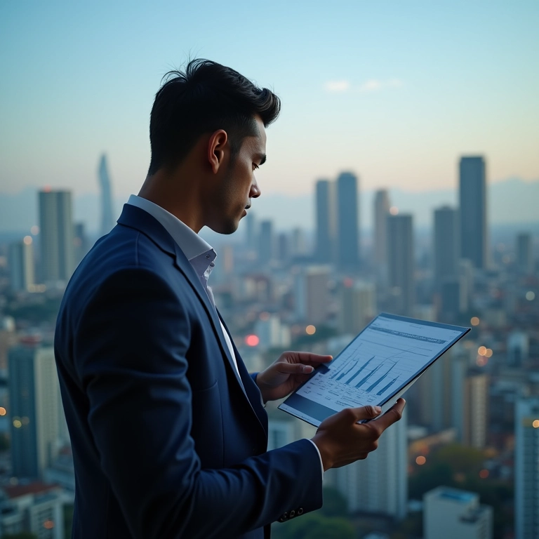Empreendedor brasileiro analisando dados de e-commerce com a skyline de São Paulo ao fundo.