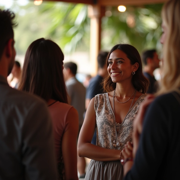 Empreendedora brasileira em evento de networking estratégico.