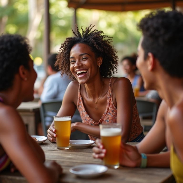 Empreendedora brasileira se divertindo com amigos em café ao ar livre.