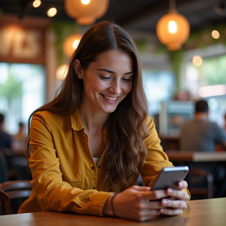 Empreendedora usando Bume no smartphone em café vibrante.