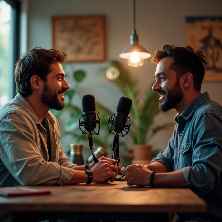 Empreendedores diversos gravando podcast sobre e-commerce.
