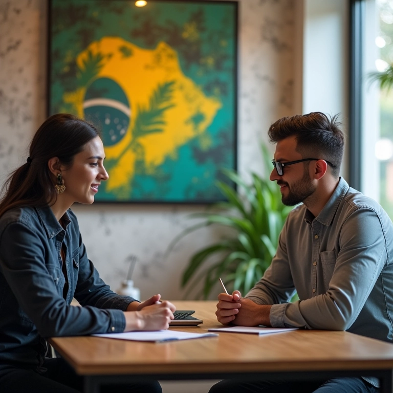 Empreendedores recebendo mentoria em escritório moderno com arte brasileira.