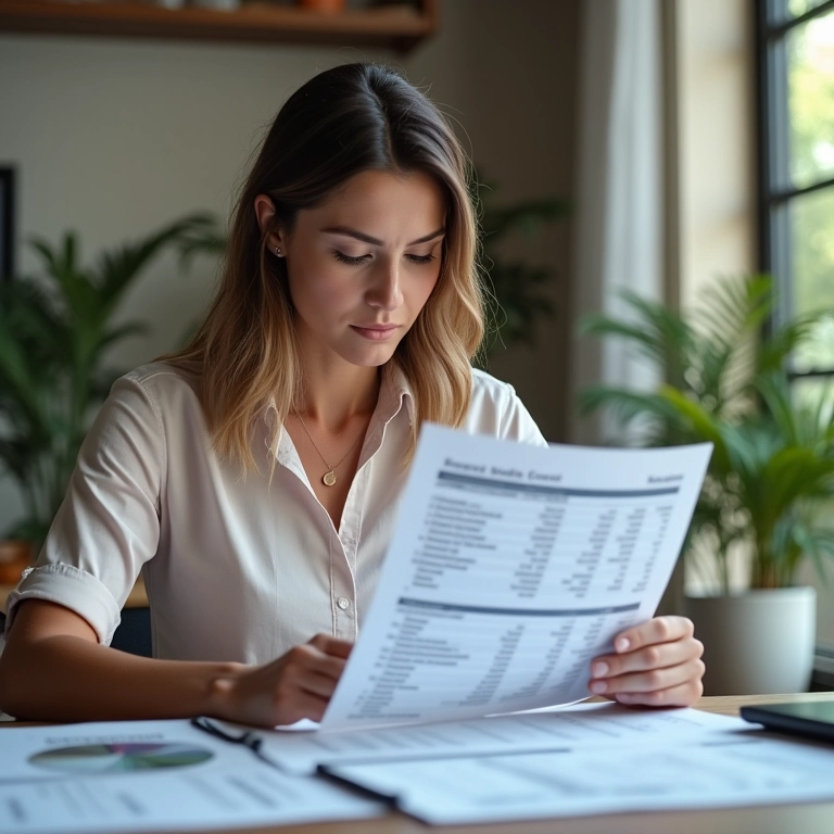 Empresária analisando relatórios financeiros com visão clara da situação.