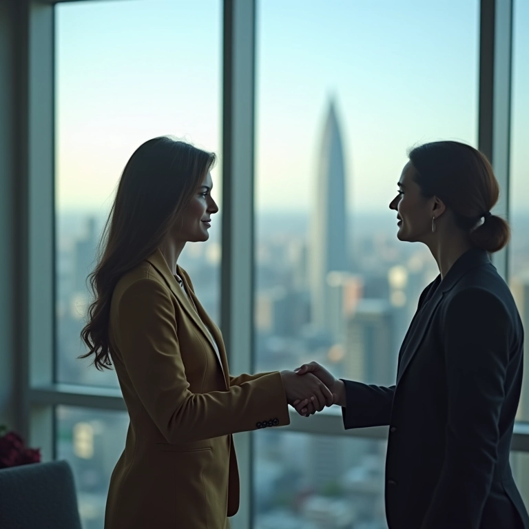 Empresária apertando a mão de cliente em escritório moderno com vista para São Paulo, representando credibilidade.