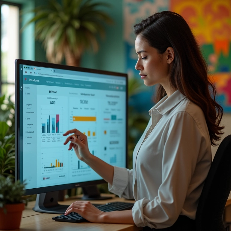 Empresária definindo segmentos RFM em um painel digital em um escritório com design brasileiro.