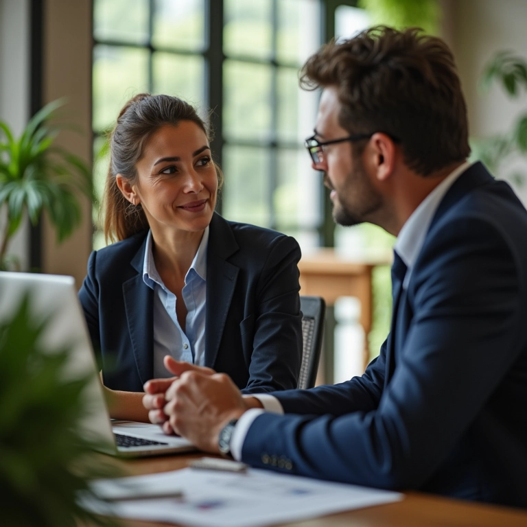 Empresária discutindo gestão financeira com um consultor.