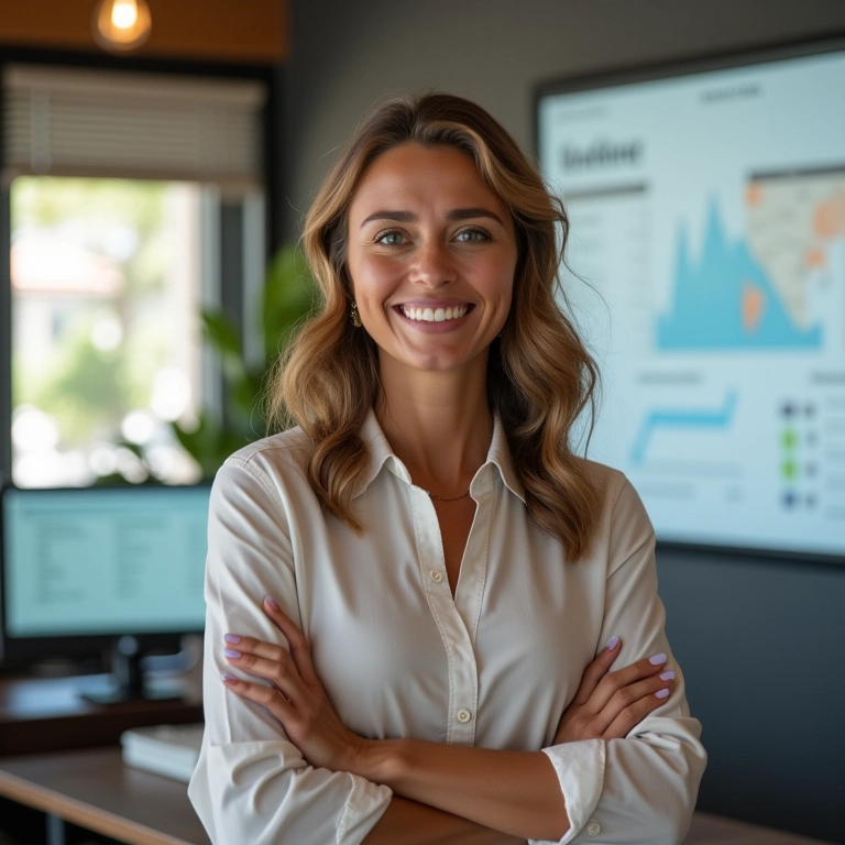 Empresária orgulhosa do sucesso das palavras-chave de marca em um escritório estilo Farm Rio vibrante.