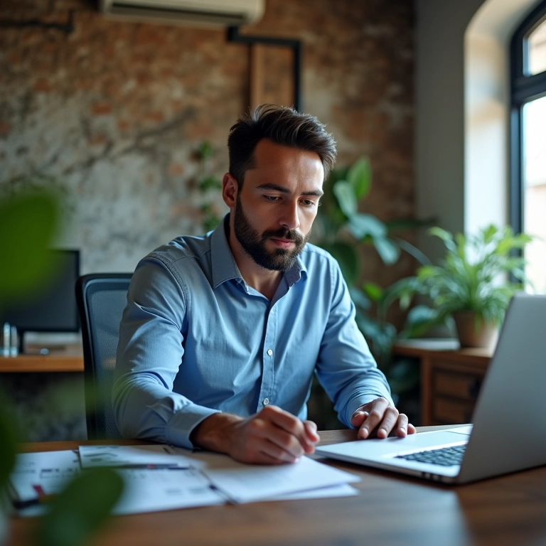 Empresário analisa opções de software para atender às necessidades do negócio.