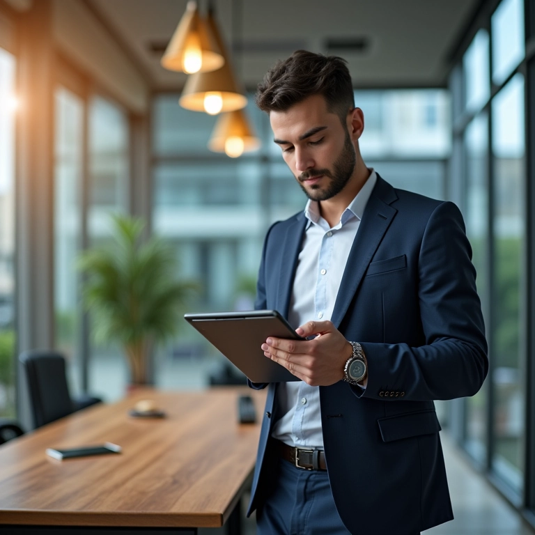 Empresário controlando o fluxo de caixa da empresa usando um tablet.