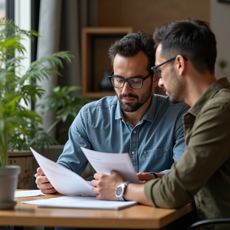 Empresário em SP revisando documentos de LGPD com consultor.