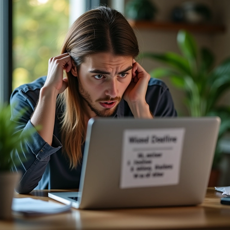 Empresário frustrado com prazo do CAGED no laptop.