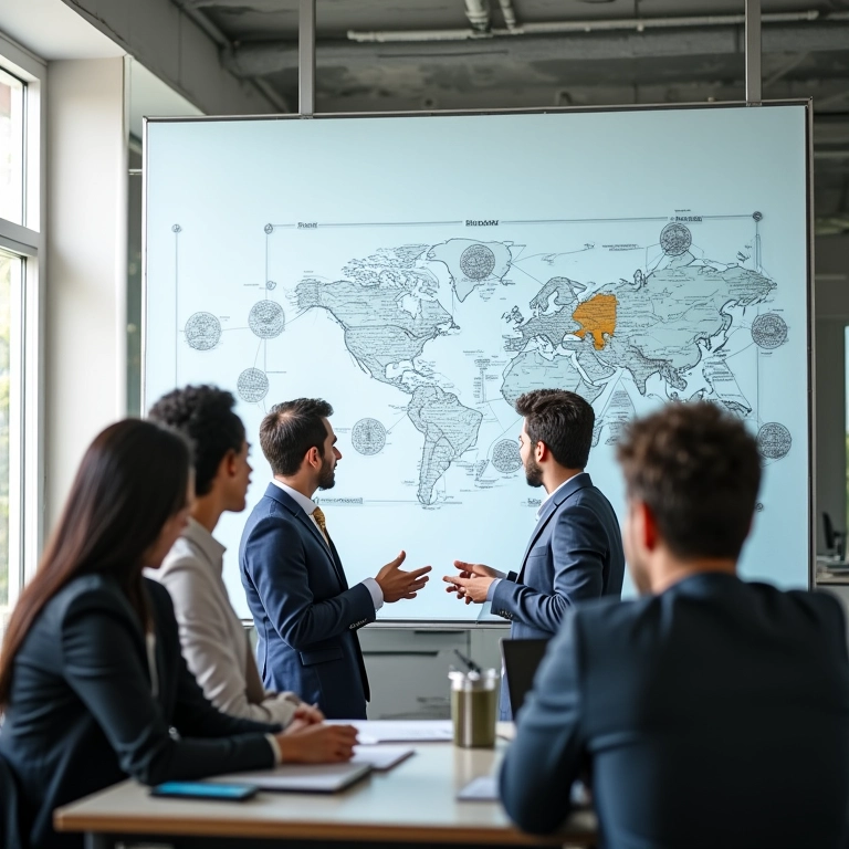 Equipe analisando diagramas de rede em um escritório.