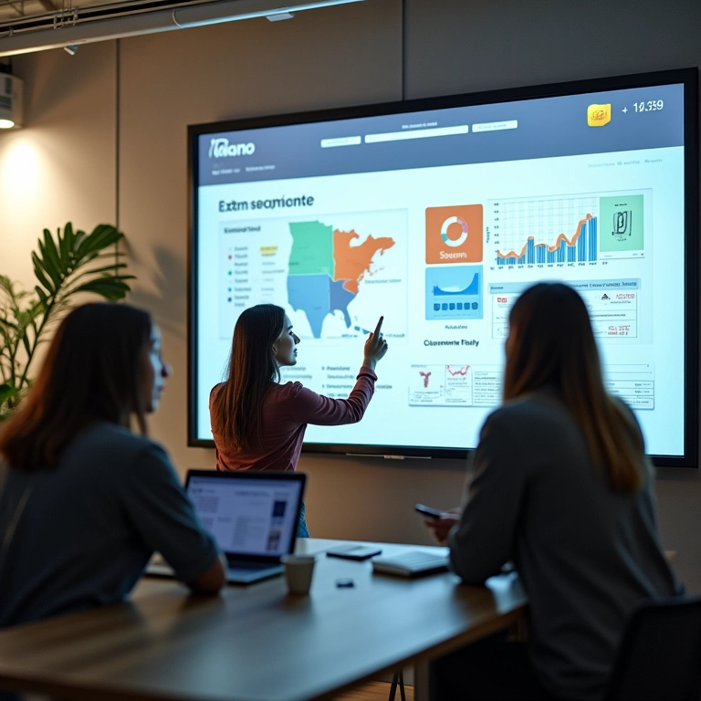 Equipe colaborando na criação de segmentos RFM em um escritório moderno com visualização de dados.