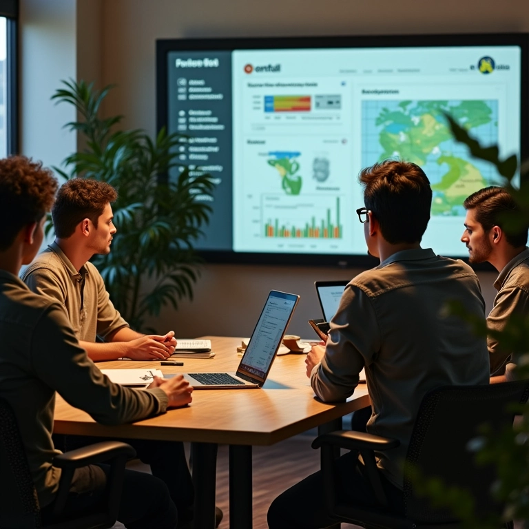 Equipe de empresa de porte médio avaliando software de gestão.