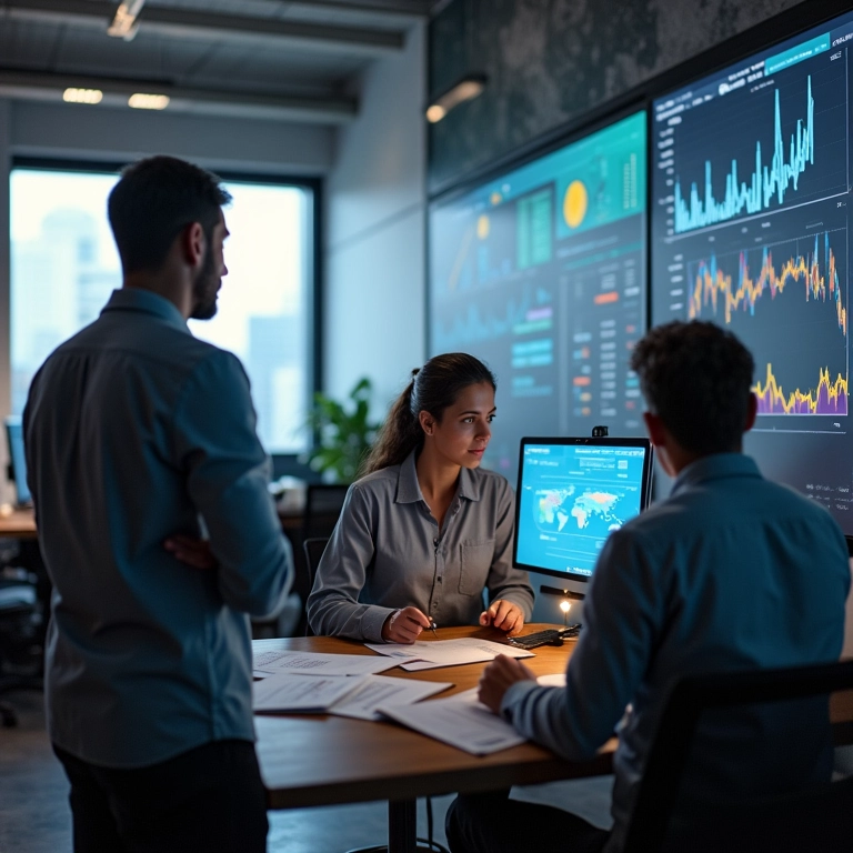 Análise de Dados Marketing em SP Desvende Padrões e Cresça Equipe diversa analisando dados de marketing em escritório moderno em São Paulo.
