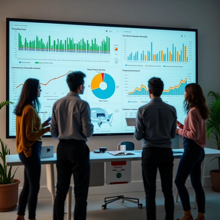 Equipe diversa analisando KPIs em escritório moderno em São Paulo.