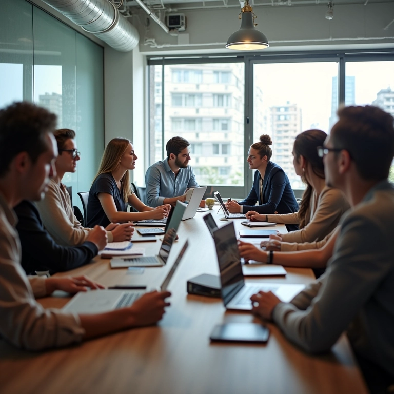 SEO Para Imagens Como Otimizar e Ganhar Tráfego Visual Equipe diversa colaborando em estratégias de SEO para imagens em escritório moderno e iluminado.