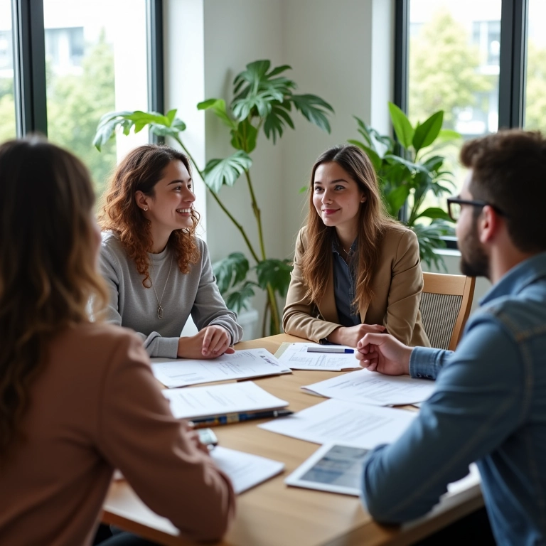 Equipe diversa discutindo diretrizes de marca e estilo de escrita em um escritório moderno.