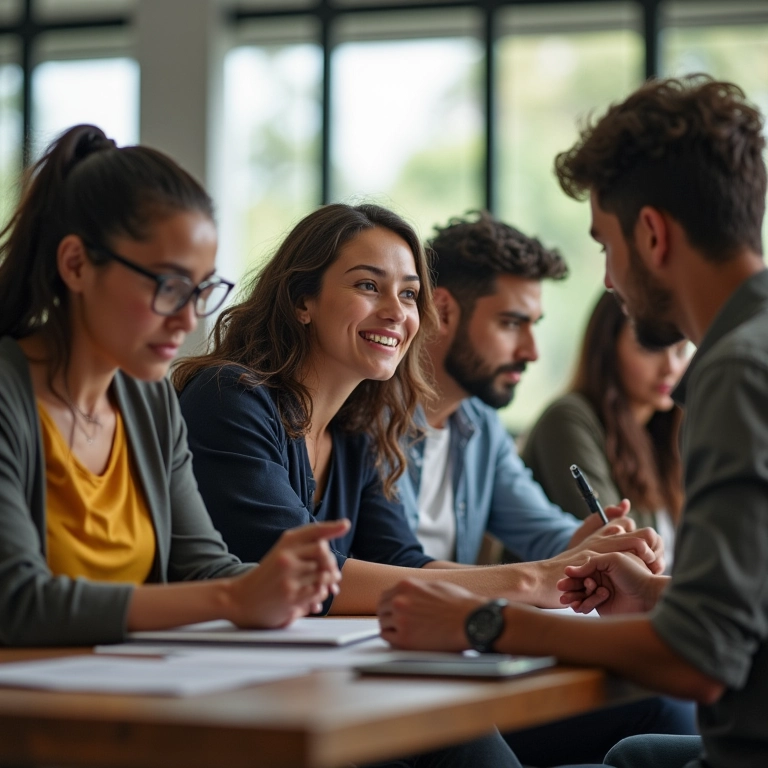 Equipe diversa discutindo exemplos práticos de serviços complementares com IA.