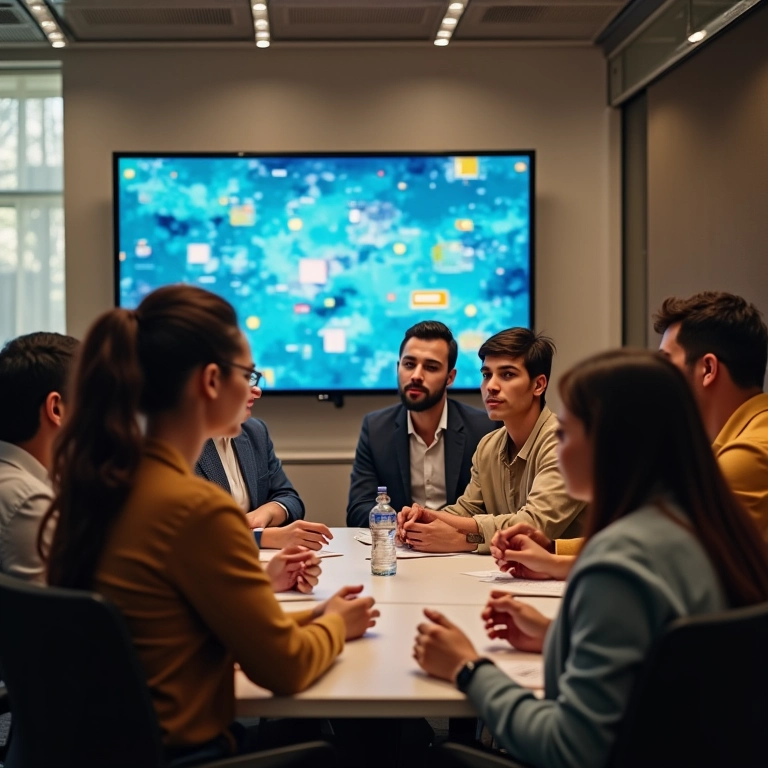 Equipe diversa discutindo presença em diferentes redes sociais em reunião.