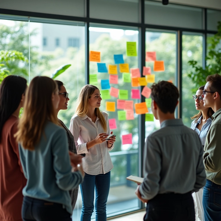 Equipe diversa em brainstorming colaborativo.