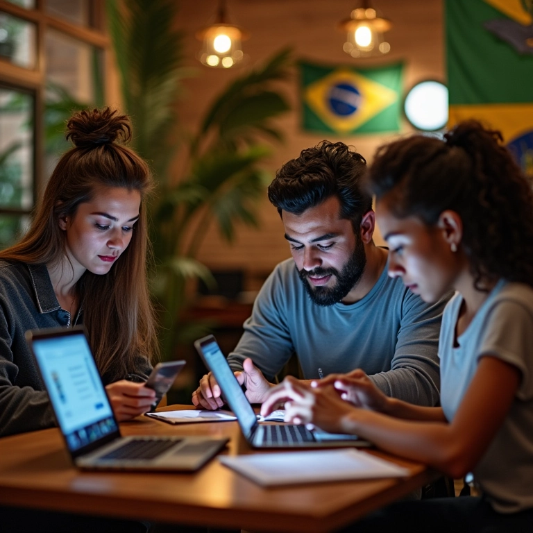 Equipe diversa pesquisando tendências de mercado em café.