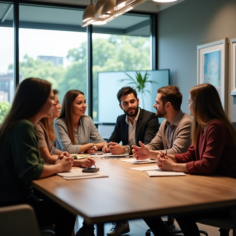Equipe diversa reunida em escritório em SP, discutindo os benefícios do rebranding.
