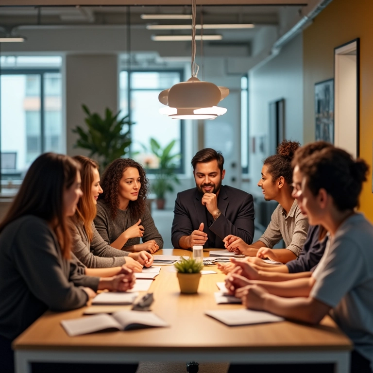 Equipe diversa trabalhando em branding consistente em escritório vibrante.