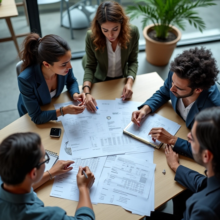 SPED Fiscal e Contábil Mantenha Sua Empresa em Dia Equipe diversa trabalhando em documentos fiscais e contábeis em escritório moderno no Brasil.