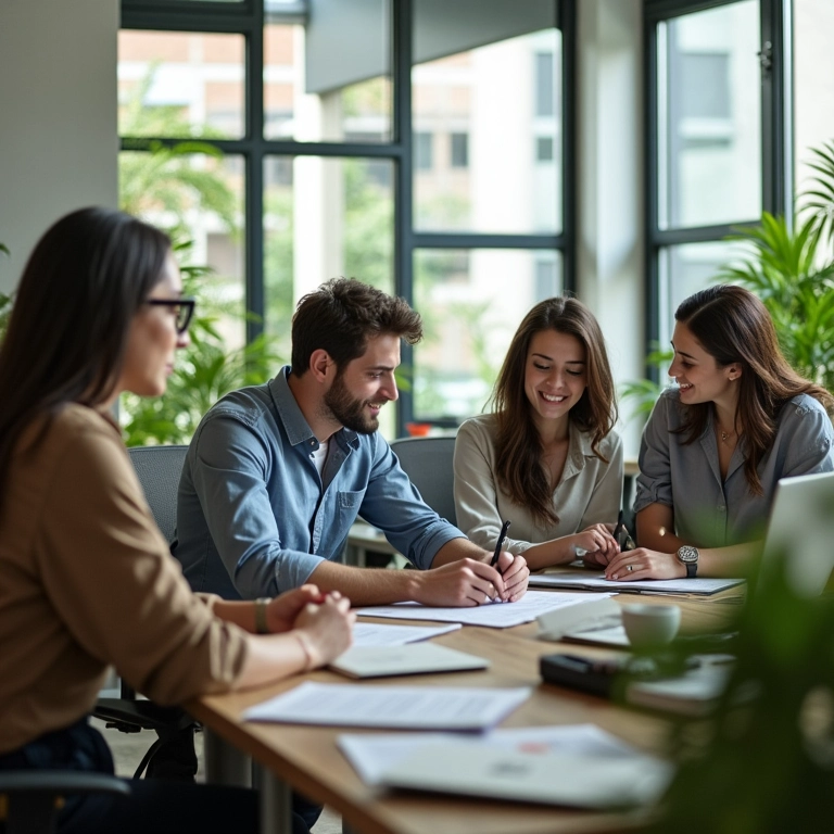 Equipe diversa trabalhando em escritório sustentável, demonstrando a importância do ESG nas finanças.
