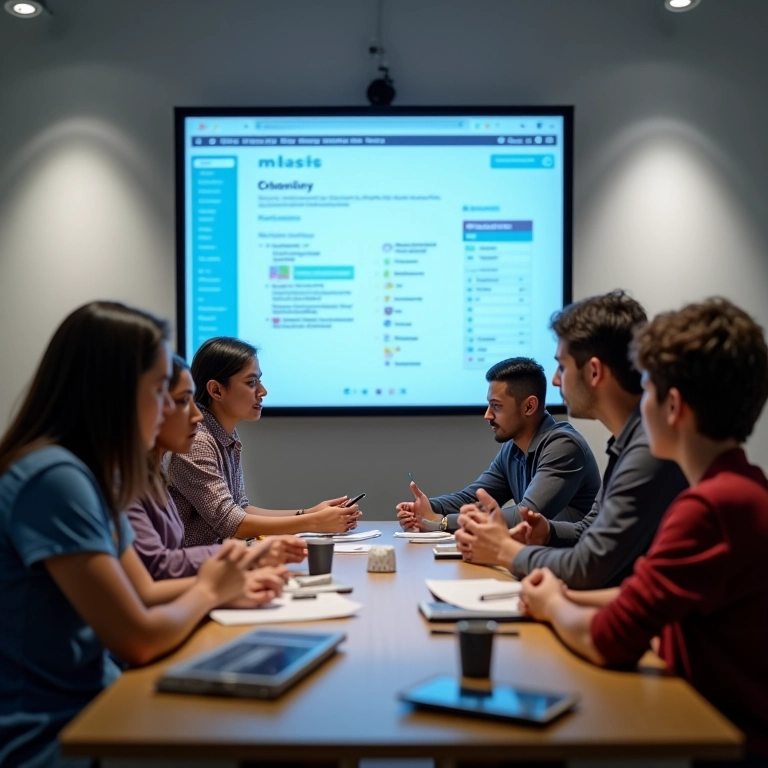 Equipe diversa usando mLabs em escritório moderno e iluminado.