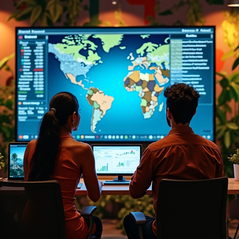 Equipe diversificada analisa dados do mercado local em escritório vibrante com decoração brasileira.