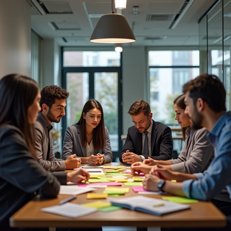 Equipe diversificada fornecendo feedback sobre candidatos em um ambiente de trabalho colaborativo.