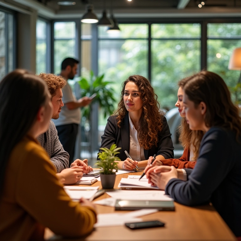 Equipe faz brainstorming sobre tendências futuras com base no feedback dos clientes em escritório vibrante.