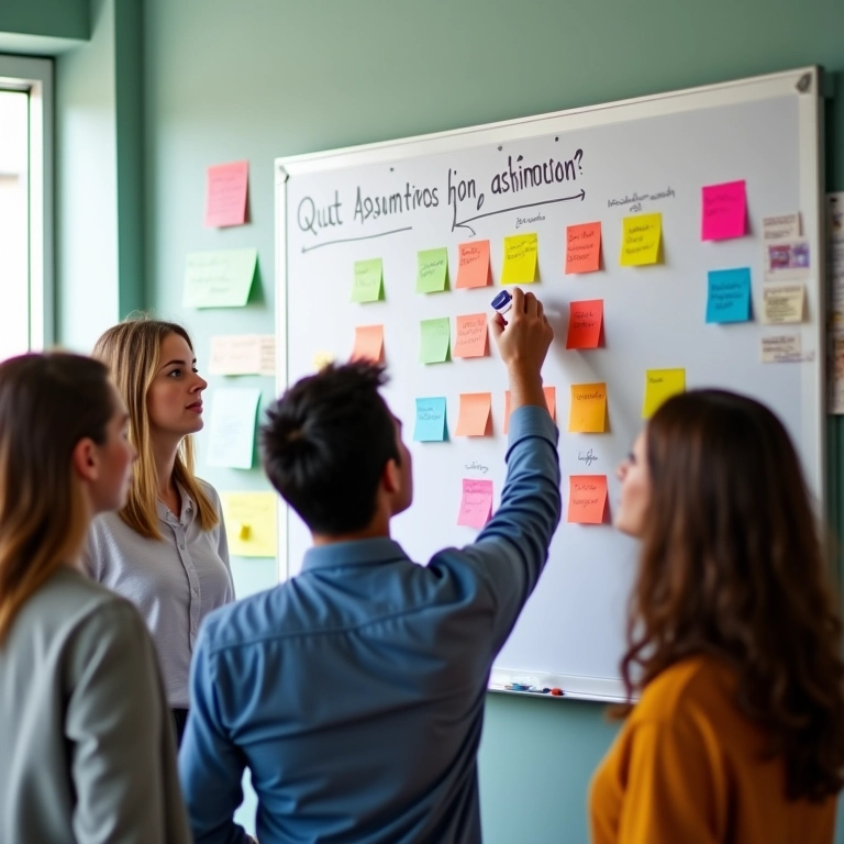 Equipe questionando premissas durante brainstorming com post-its coloridos.