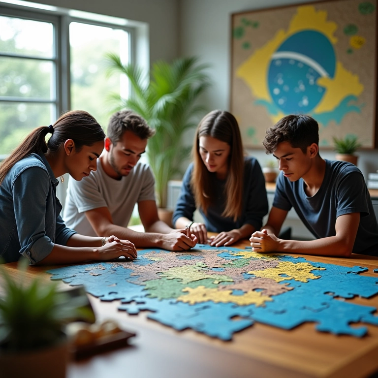 Equipe resolvendo colaborativamente um quebra-cabeça complexo, representando um desafio.