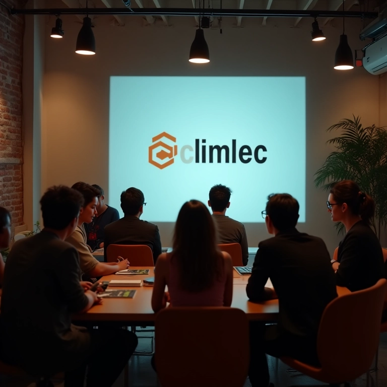 Equipe reunida em torno de logo, construindo marca forte