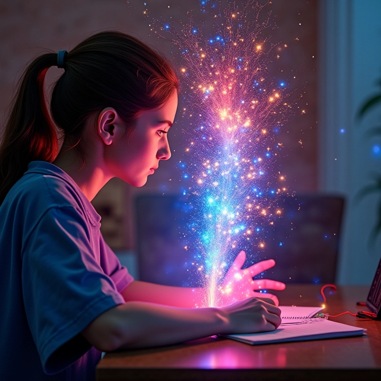 Escritor entendendo profundamente a persona do cliente, visualizada como uma aura colorida.