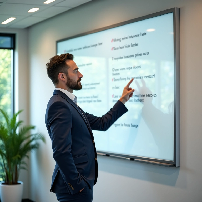 Especialista aponta KPIs em um quadro branco em escritório moderno.