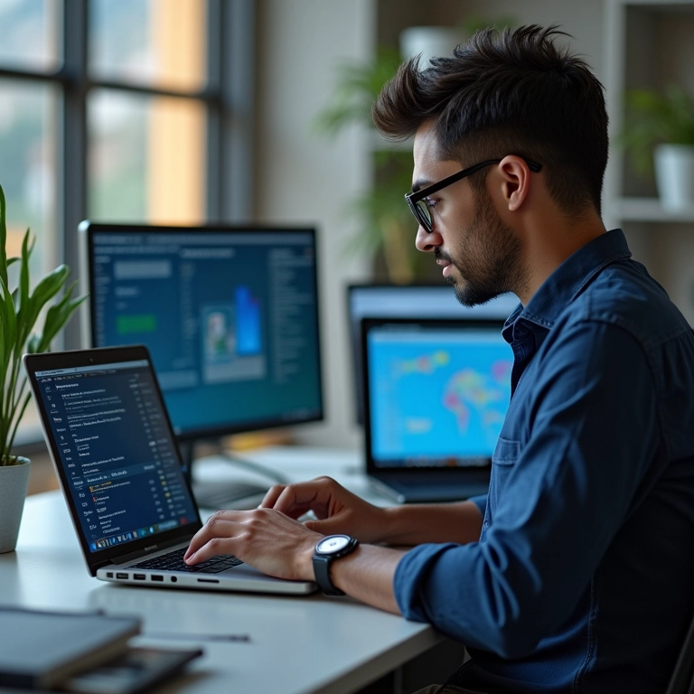 Especialista em SEO otimizando links de afiliados em um laptop em um escritório em São Paulo.